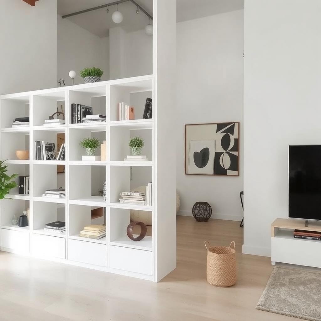 White modular shelving unit separating a living and dining space.