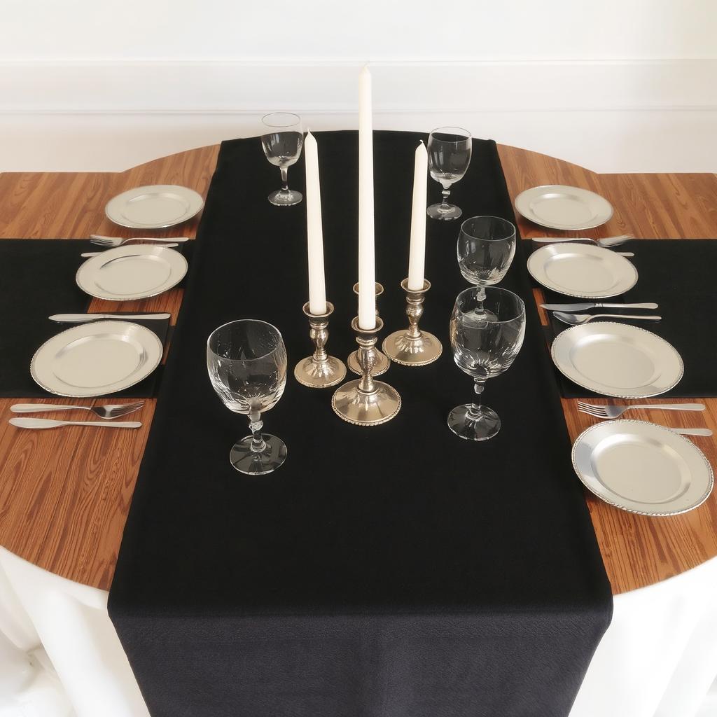 Modern monochrome table with a black runner, silver plates, and white candles