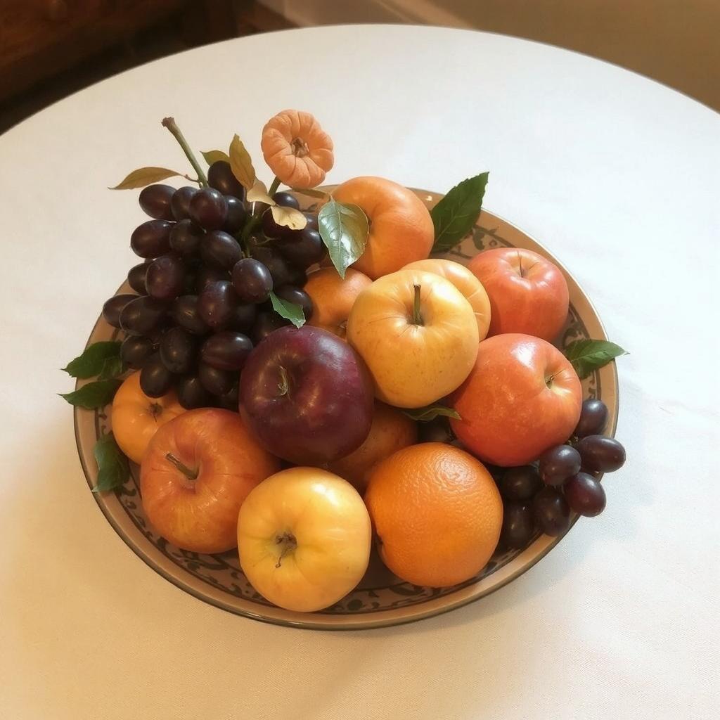 A decorative bowl filled with colorful seasonal fruits like apples, oranges, and grapes arranged neatly on a small dining table. The bowl is placed on a simple, elegant tablecloth, with soft lighting highlighting the vibrant colors of the fruit.
