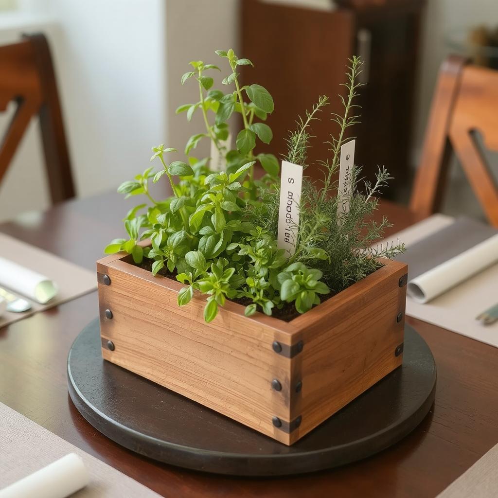 A compact herb garden centerpiece on a small dining table. A wooden box holds a variety of herbs like basil, rosemary, and thyme, with labels for each plant, adding both functionality and beauty to the table.
