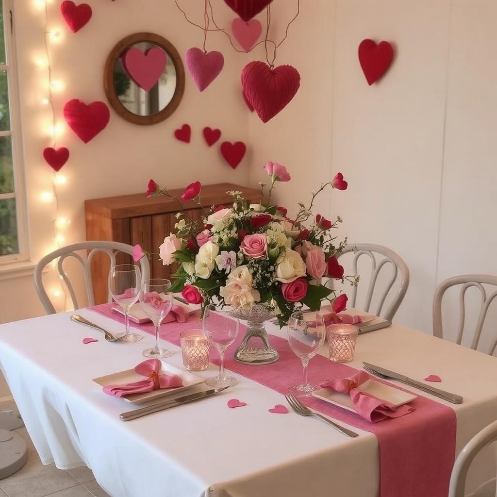 Valentine’s Day table with string lights and a floral centerpiece decor ideas for party