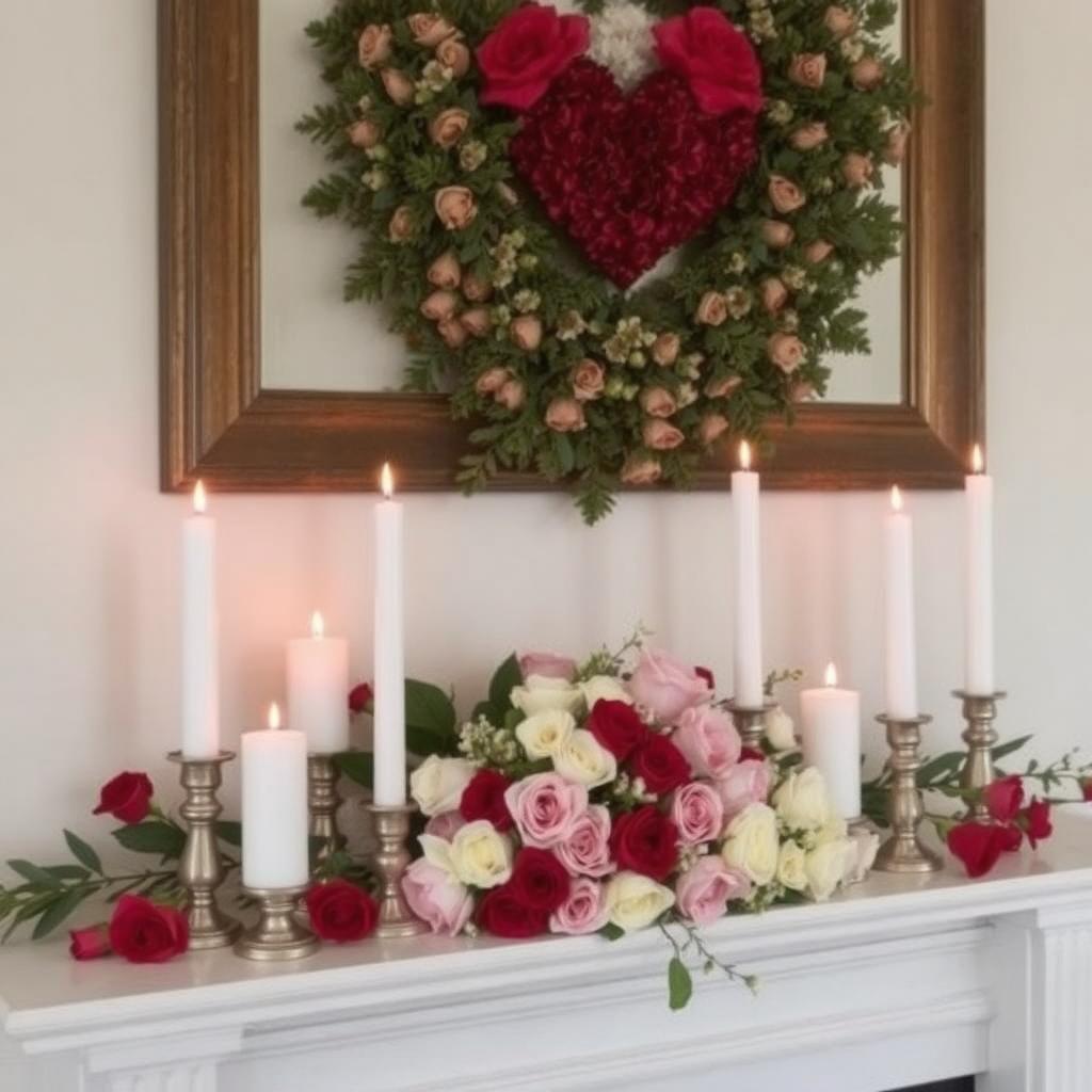 "Valentine’s Day mantel with pillar candles and fresh flowers."