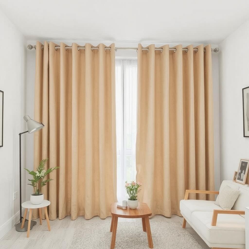 A modern living room with beige polyester curtains covering a large window, slightly sheer to let natural light filter through. The curtains have a smooth, lightweight texture and are paired with minimalist decor, including a white sofa, a wooden coffee table with a potted plant, and a cozy rug. The room feels bright, airy, and budget-friendly