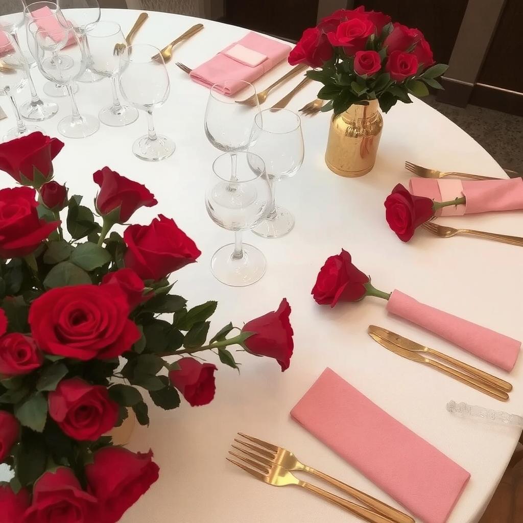 Valentine’s Day table with red roses, pink napkins, and gold cutlery Valentine's Day Table Decor Ideas