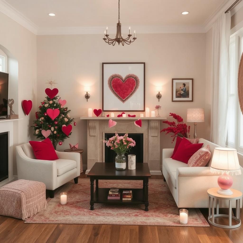 cozy living room decorated for valentines day