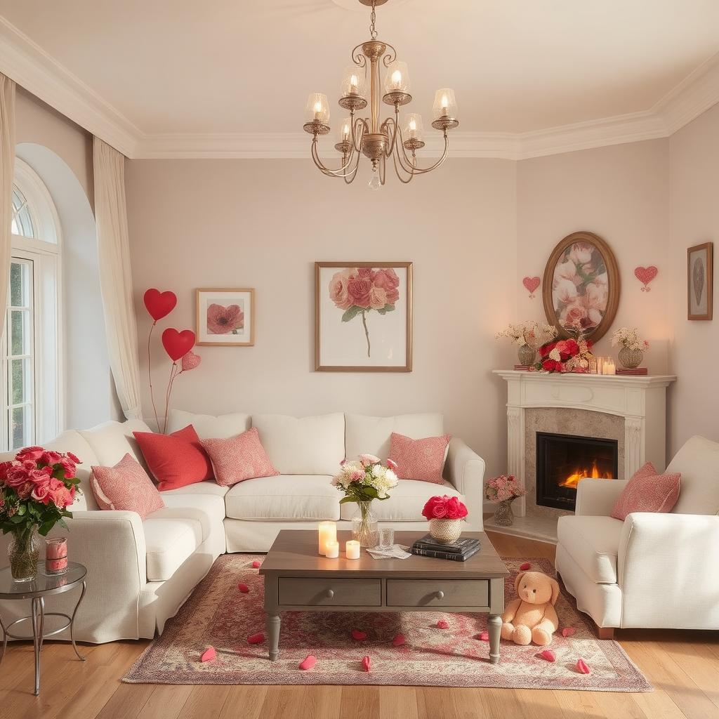 romantic living room decorated for valentines day