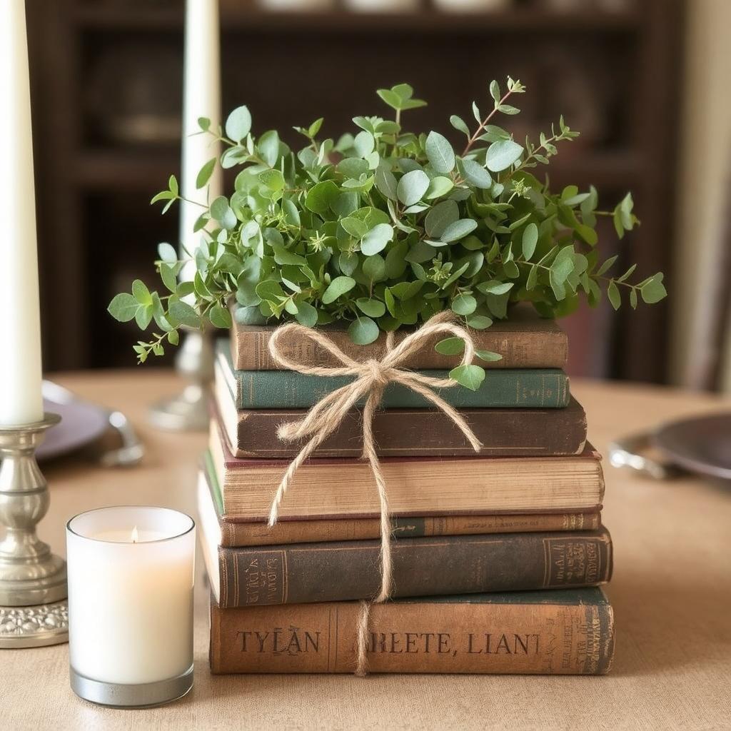 A vintage book stack centerpiece with greenery for a small dining table. The stack of antique books is tied with a rustic twine, topped with sprigs of greenery like eucalyptus and ivy, with a candle beside it.