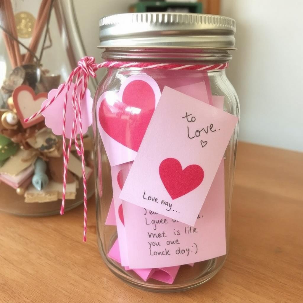 DIY jar of love with handwritten notes for Valentine’s Day."