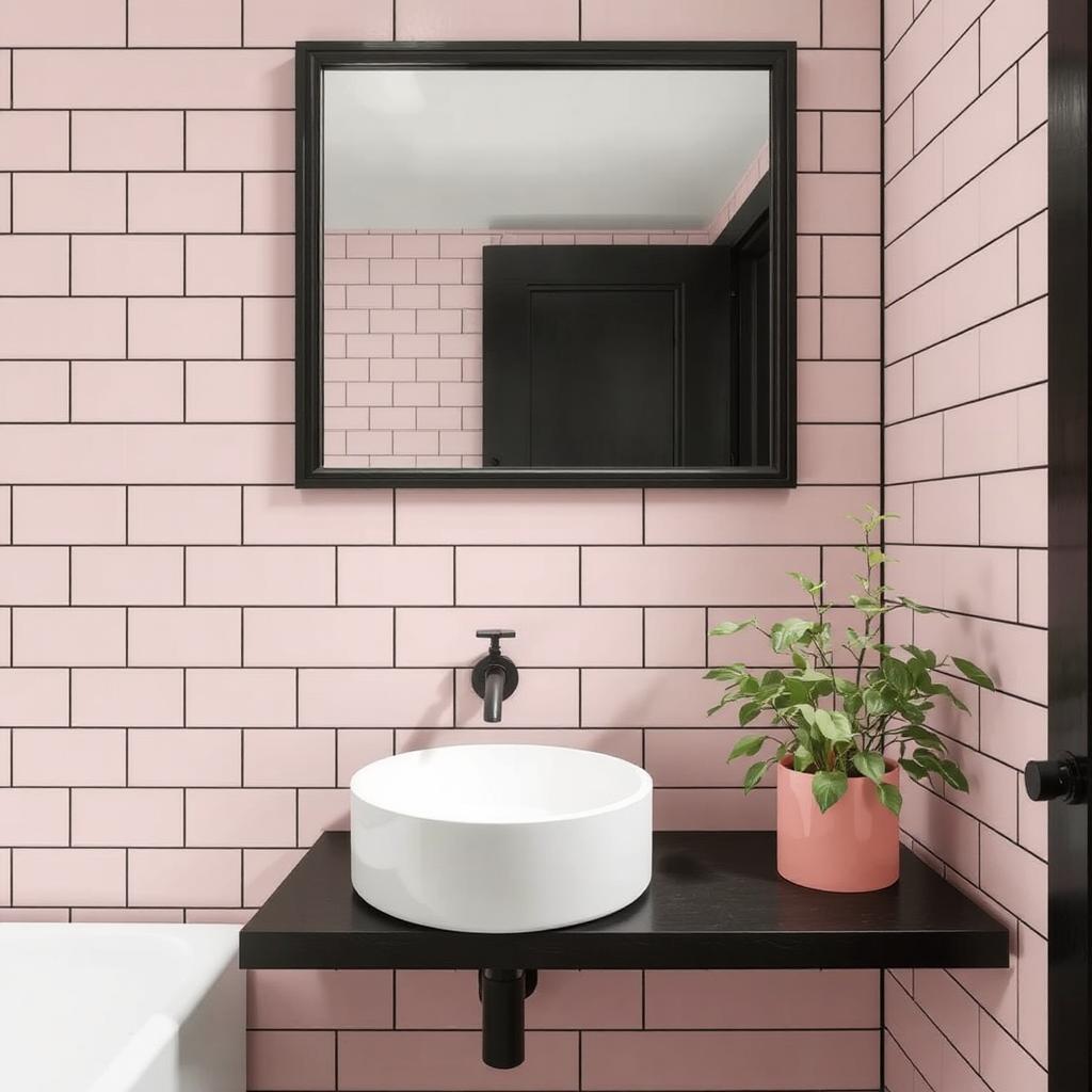 Pink and Black Bathroom Design:
"A modern bathroom featuring soft pink tiles with black grout, matte black fixtures, a black-framed mirror, and a lush green plant in a pink planter."