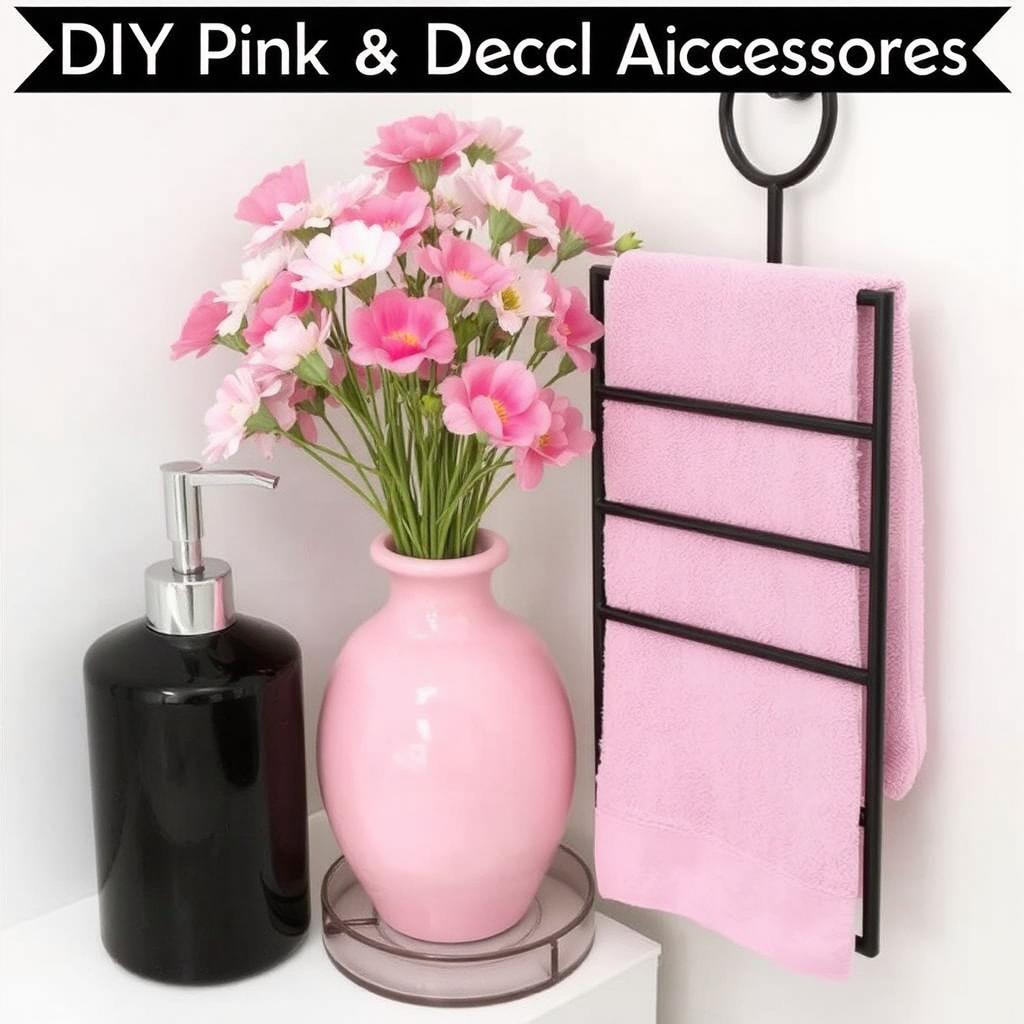 DIY Pink and Black Decor Accessories:
"A collection of bathroom accessories, including a black soap dispenser, a pink vase with fresh flowers, and a black towel rack holding soft pink towels."