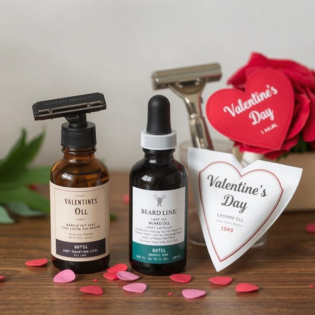 "Men's grooming kit with beard oil and razor for Valentine's Day."