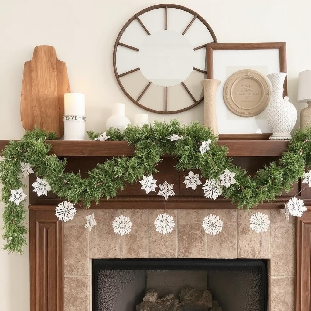 A DIY paper garland hung across a fireplace mantel Minimalist Valentine’s Day 