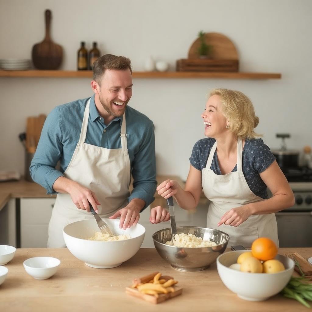 Valentine's Day gift ideas for her: A couple enjoying a cooking class together, laughing and having fun.