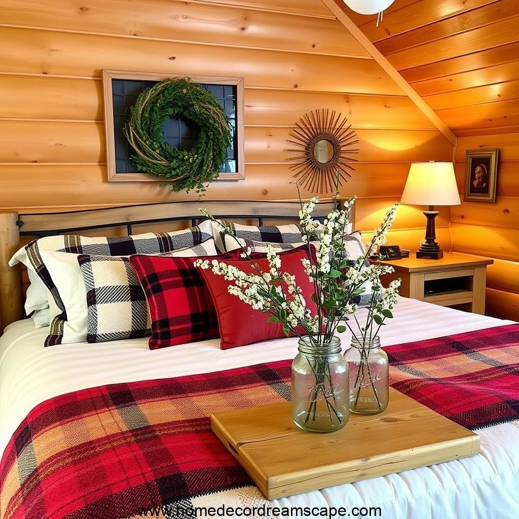 A cozy bedroom with wooden decor theme, plaid blankets, and mason jars as vases