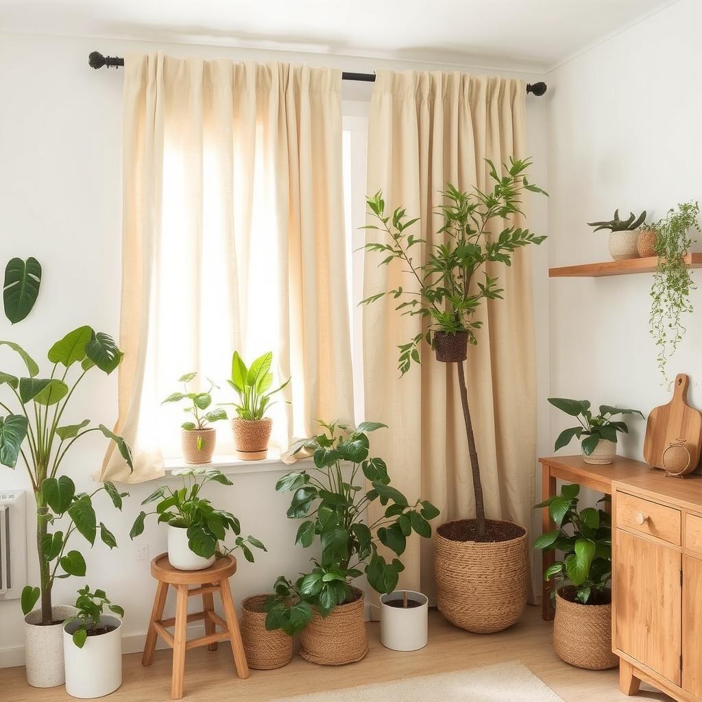 A-cozy-kitchen-with-soft-beige-organic-cotton-curtains-surrounded-by-lush-green-houseplants-and-natural-wood-furniture-accents.