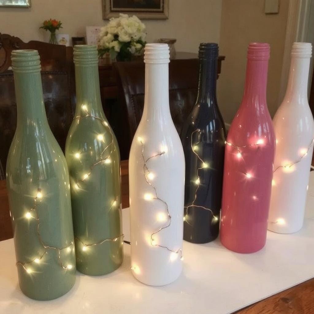 A group of painted wine bottles with fairy lights inside, placed on a dining table.