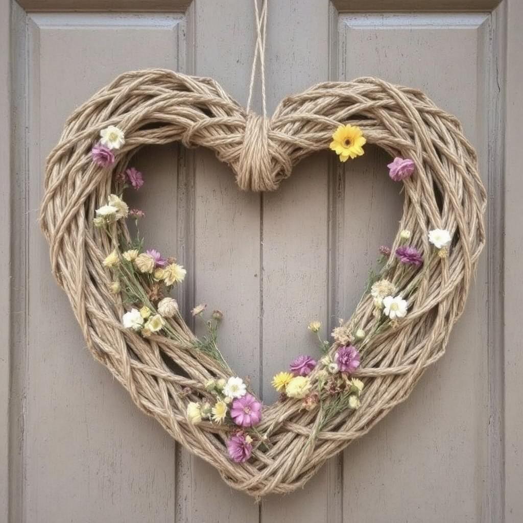 A heart-shaped wreath made from twine and decorated with dried flowers.