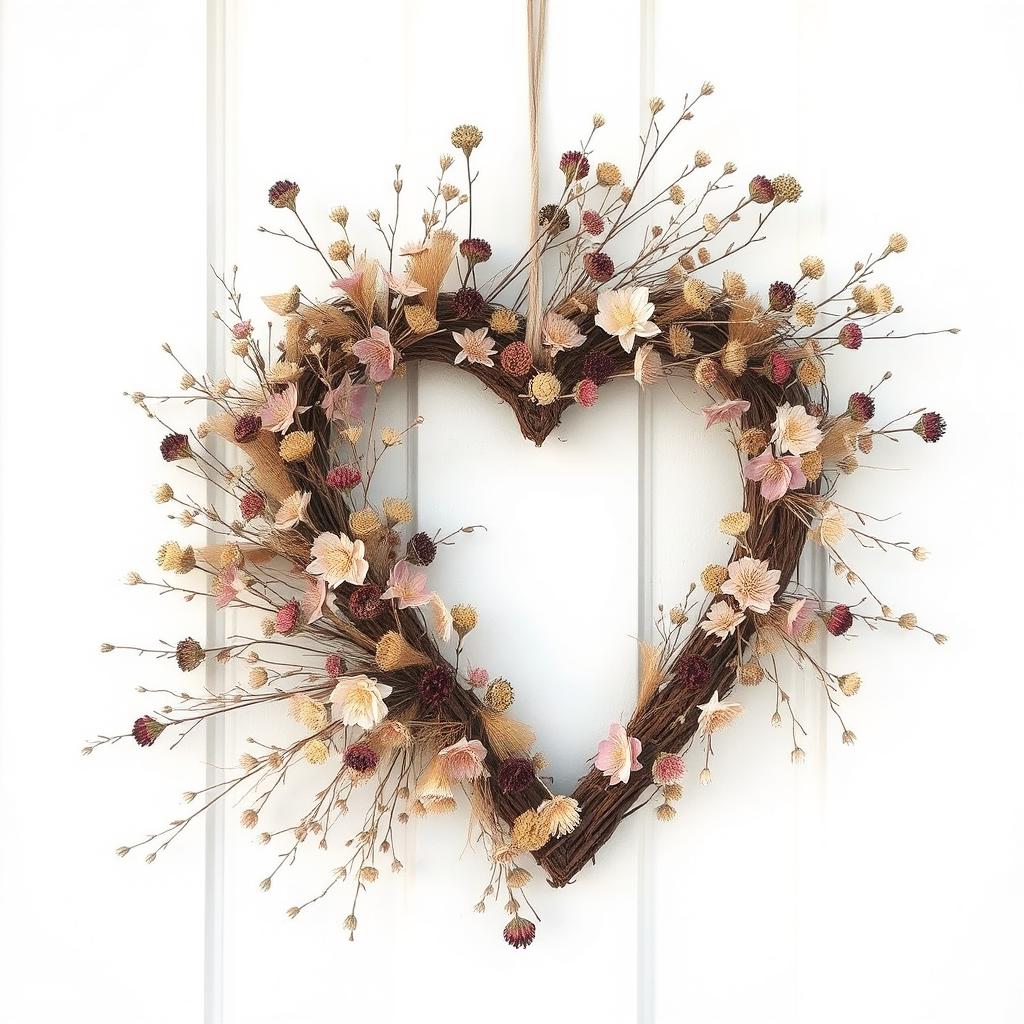 A heart-shaped wreath with dried flowers hanging on a white wall for Minimalist Valentine’s Day decor