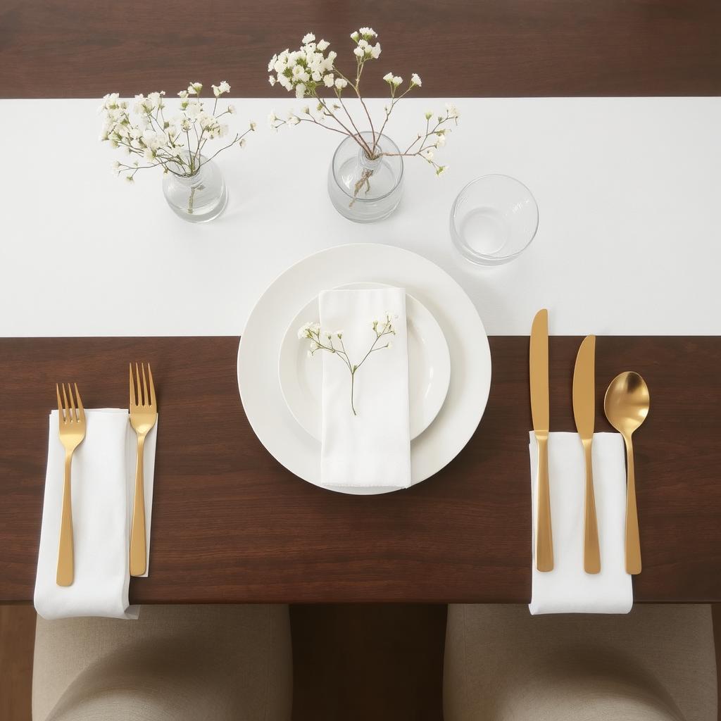 A minimalist table setup with white plates, gold cutlery, and a single vase with baby’s breath.