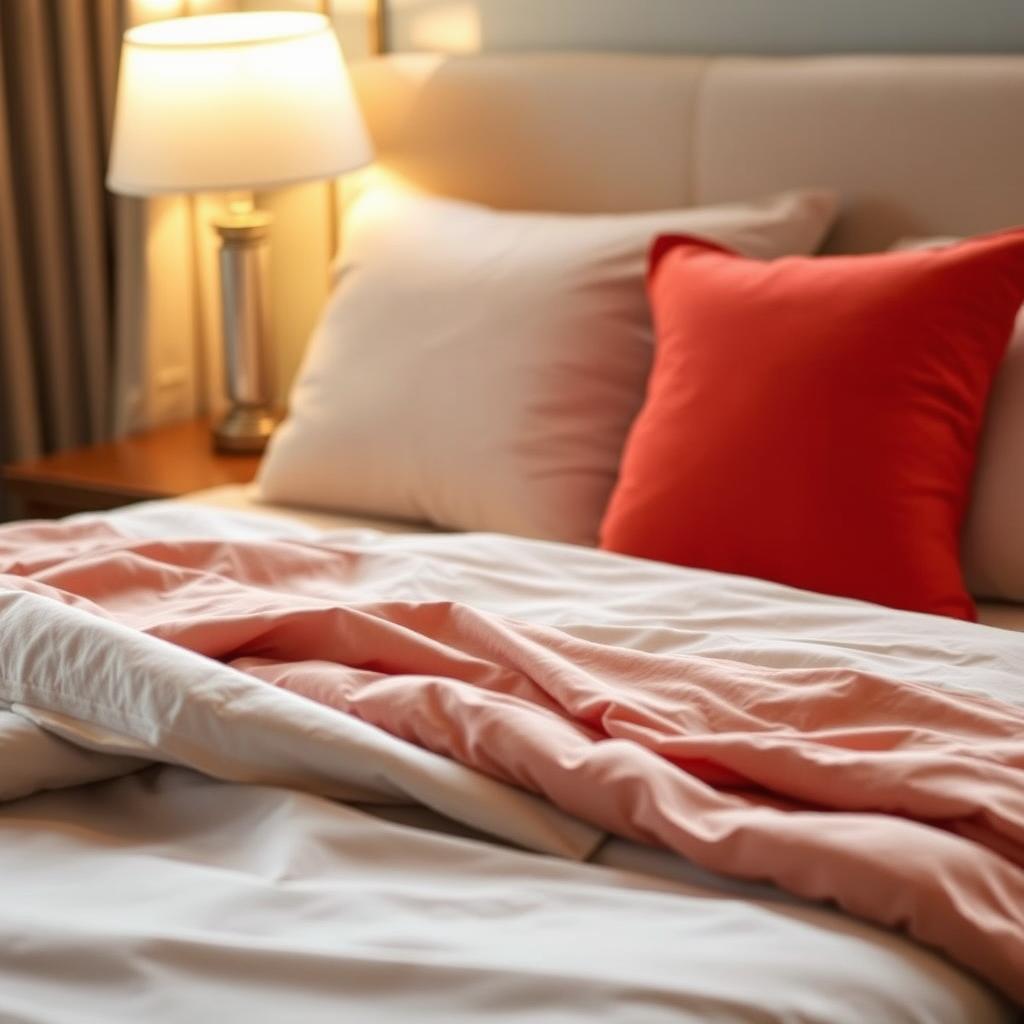 A neatly styled bed with microfiber sheets, fluffy pillows, and a warm, inviting ambiance. Microfiber bedsheet is good or bad material for bedsheet