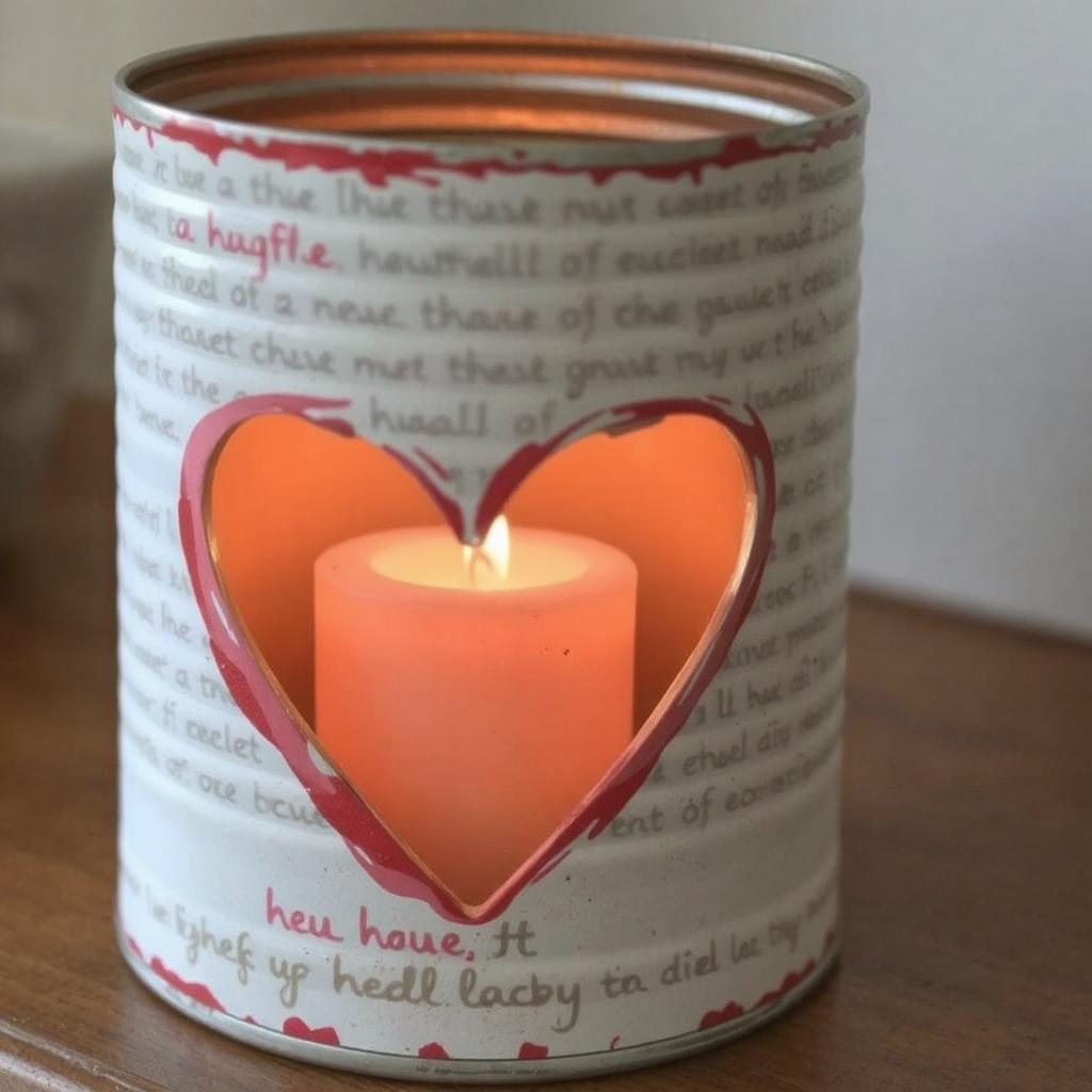 A painted tin can with heart-shaped cutouts and a candle glowing inside.