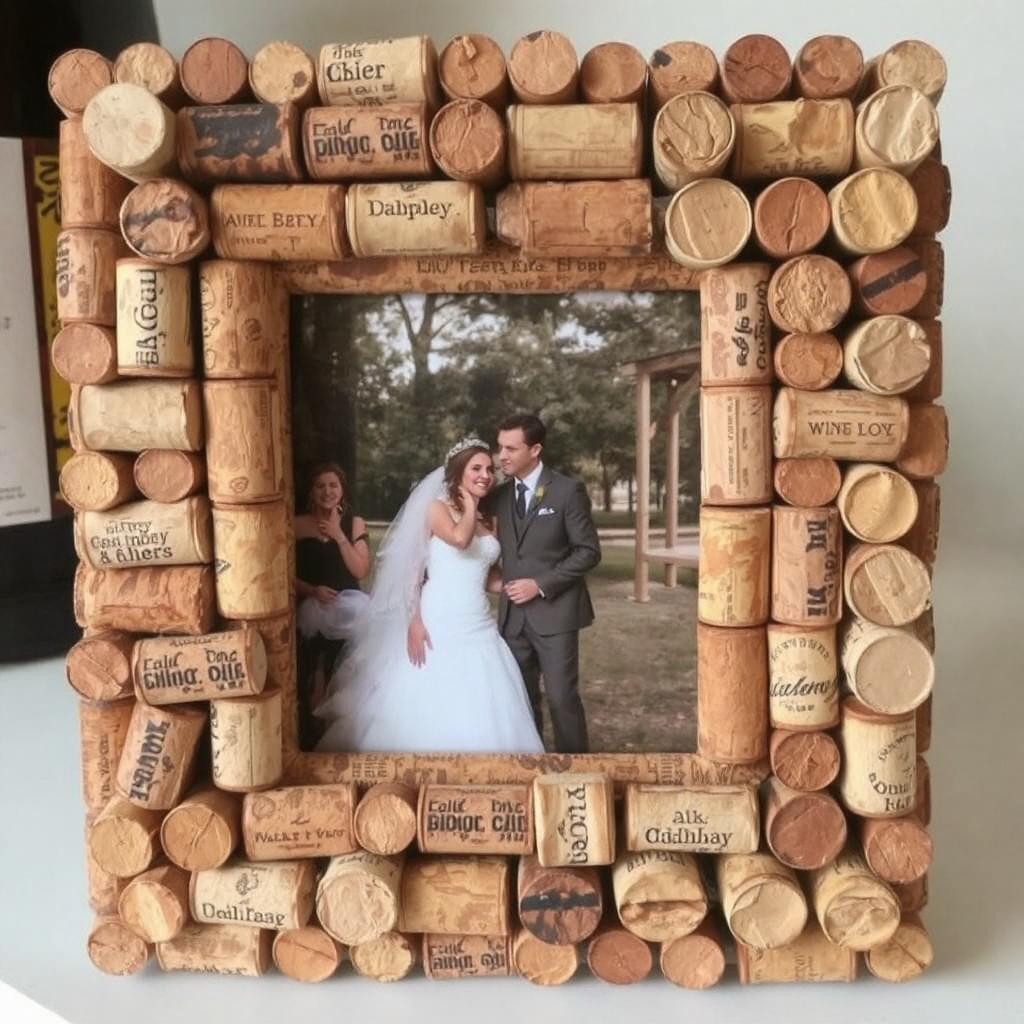 A photo frame made from wine corks with a couple’s picture inside.