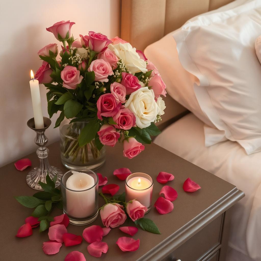 A-photo-of-a-nightstand-or-dresser-decorated-with-fresh-flowers-rose-petals-and-scented-candles-capturing-the-essence-of-romance