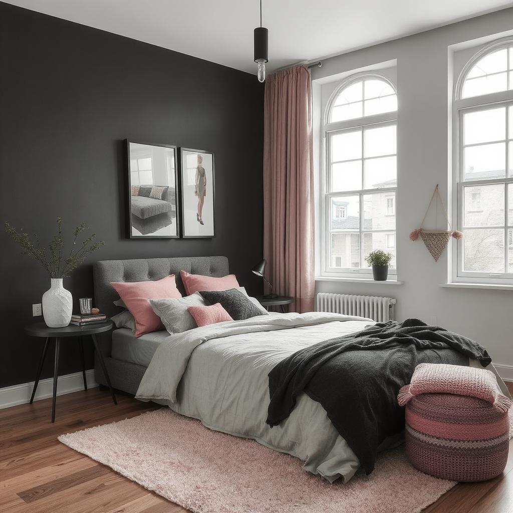 Charcoal Grey + Deep Black + Rose Pink bedroom decor idea modern