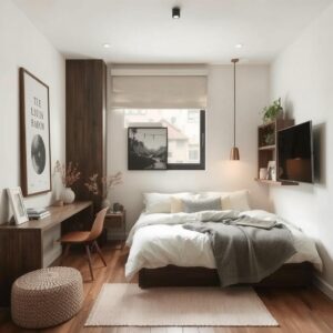 Compact minimalist bedroom with light colors and sleek furniture2