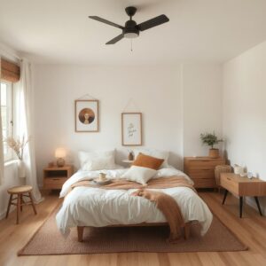 Cozy minimalist bedroom with simple furniture and warm textures2