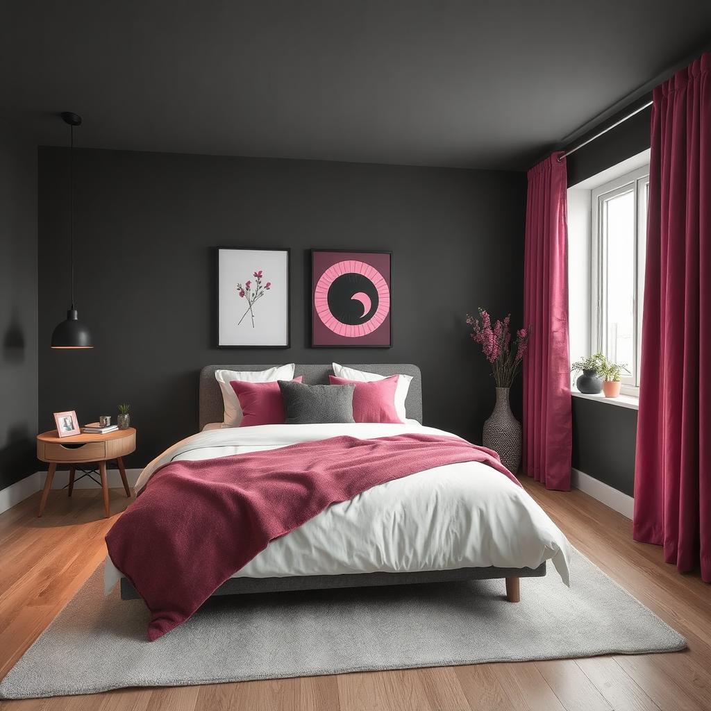 Dark Grey + Jet Black + Hot Pink modern bedroom idea for home decor