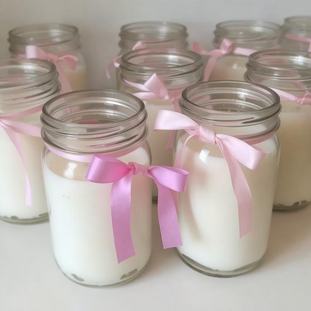 Homemade candles in clear jars with pastel ribbons Valentine’s Day decor