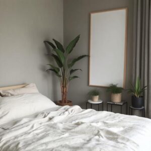 Minimalist bedroom decor ideas featuring a bed, indoor plants, and soft lighting.2