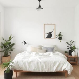 Minimalist bedroom decor with plants and neutral tones