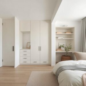 Neutral-toned minimalist bedroom with hidden storage solutions.2