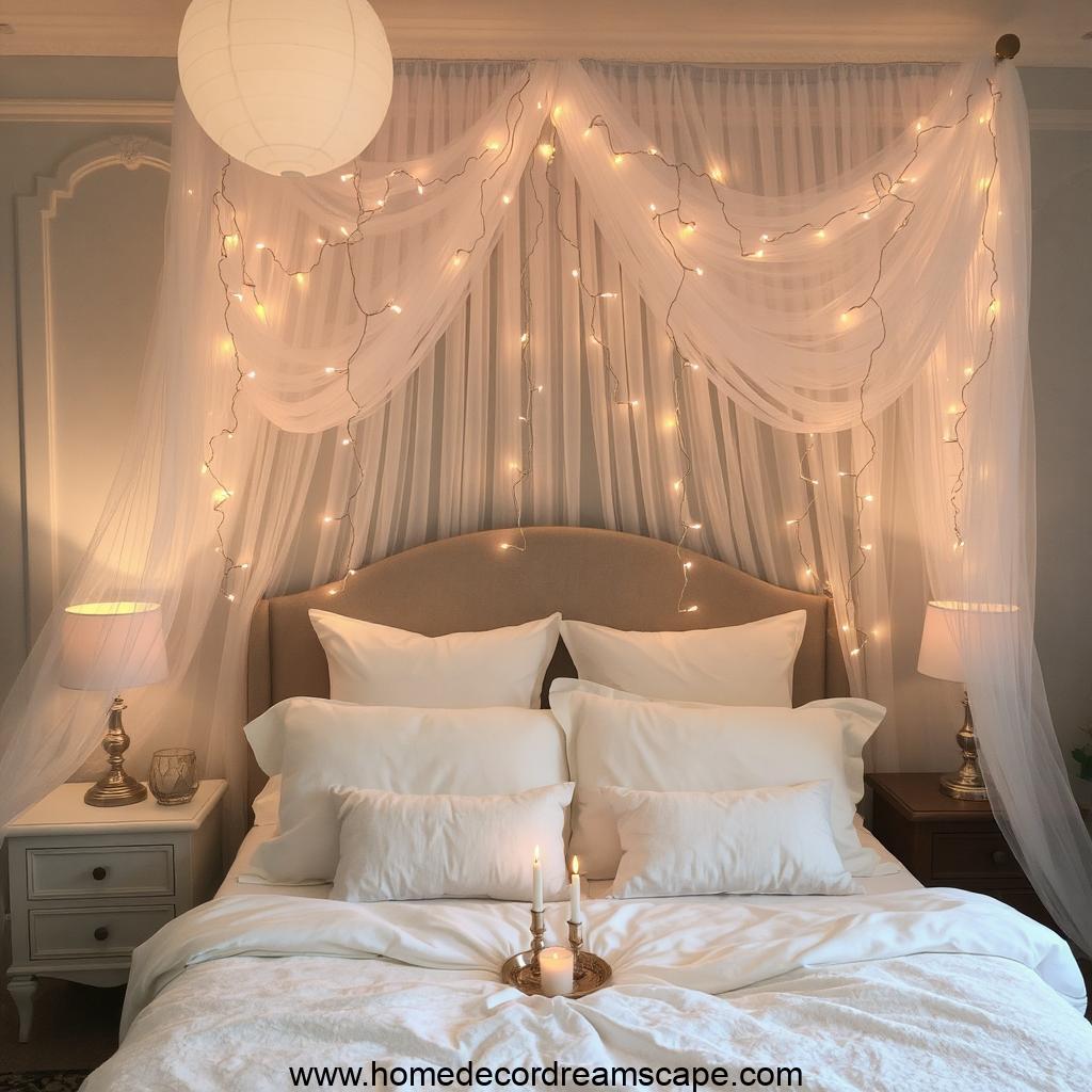 Romantic bedroom lighting with fairy lights, bedside lamps, and candles for a warm, intimate glow.