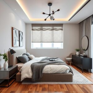 Stylish bedroom with minimalist furniture and textured decor