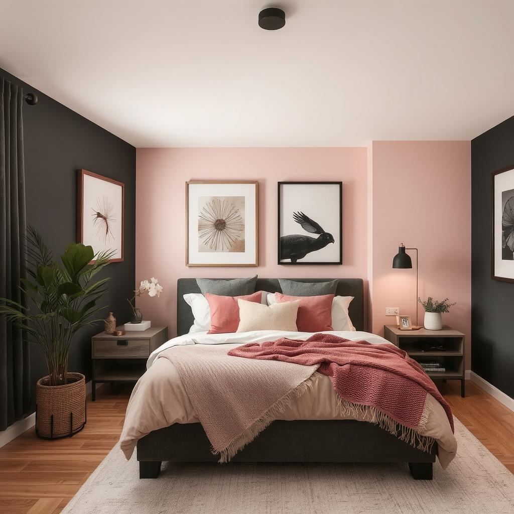 a cozy modern well decorated bedroom with blush pink and charcoal black walls