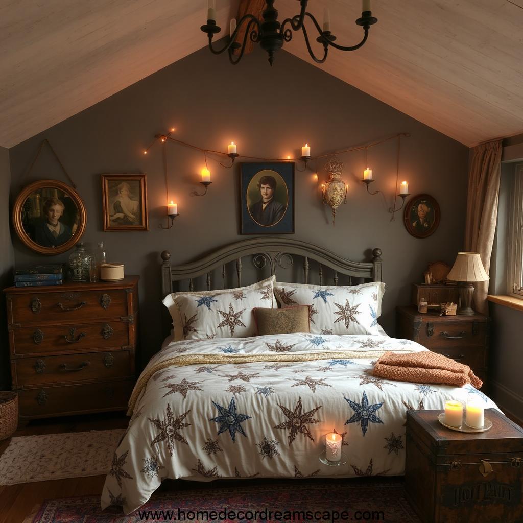 A magical bedroom with floating candles, Hogwarts-themed bedding, and vintage trunks.