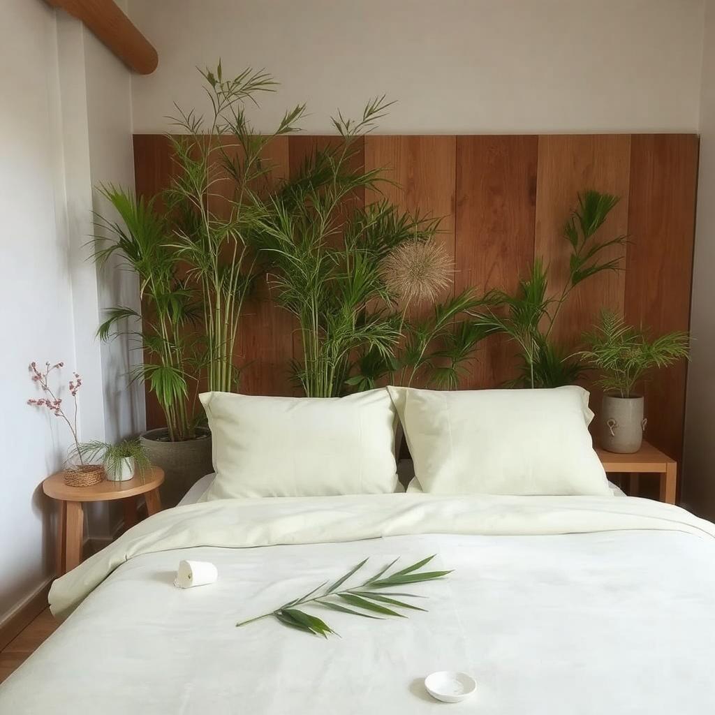 A peaceful, eco-friendly bedroom with bamboo bedsheets, showcasing the sustainable material with plants and natural wood accents in the background