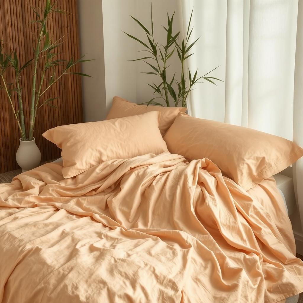 A luxurious bedroom setting with bamboo bedsheets draped over a bed, highlighting their soft, silky texture and vibrant, natural color