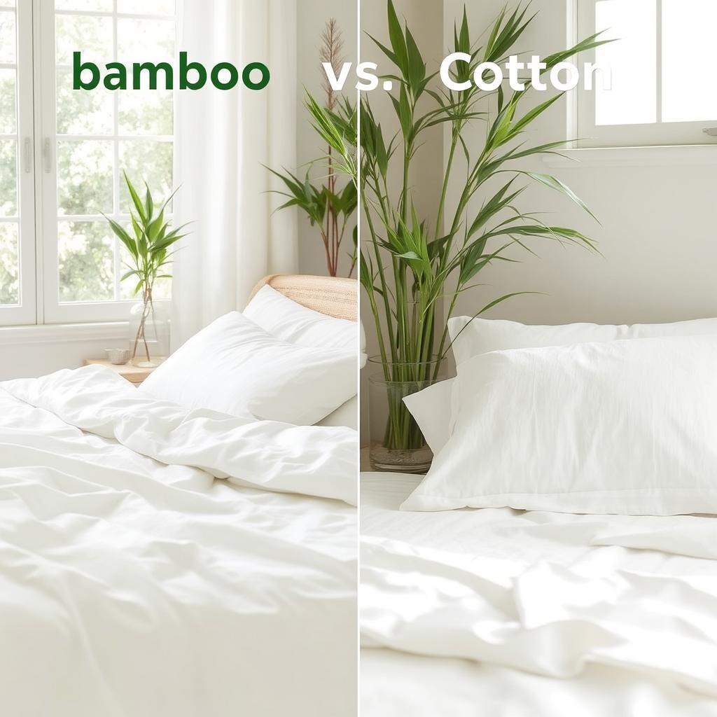 A side-by-side comparison of bamboo and cotton bedsheets, demonstrating the softness, breathability, and luxurious feel of bamboo in a bright, airy room