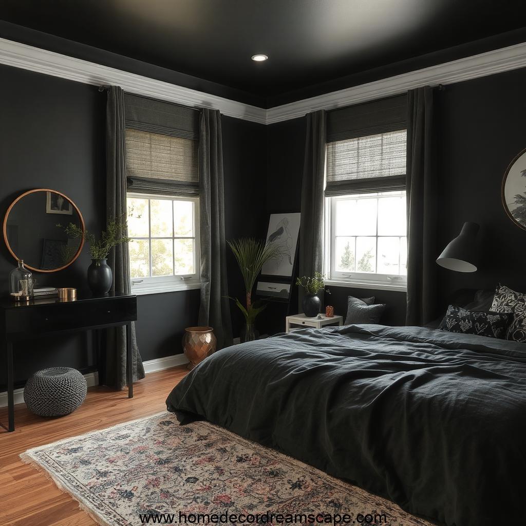 Modern black bedroom with soft bedding, warm lighting, and elegant decor