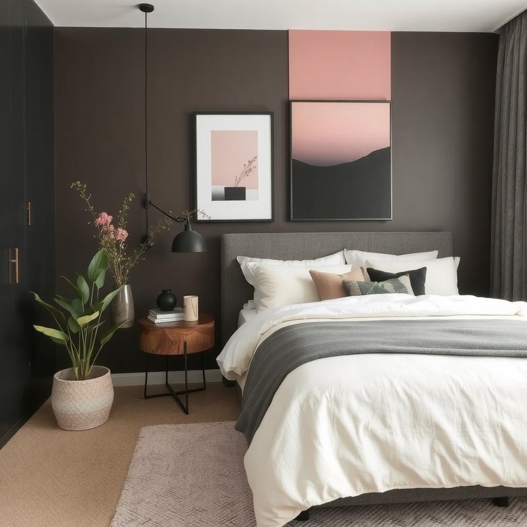 dusty rose, deep gray, black and offwhite bedroom decor ideas for modern look