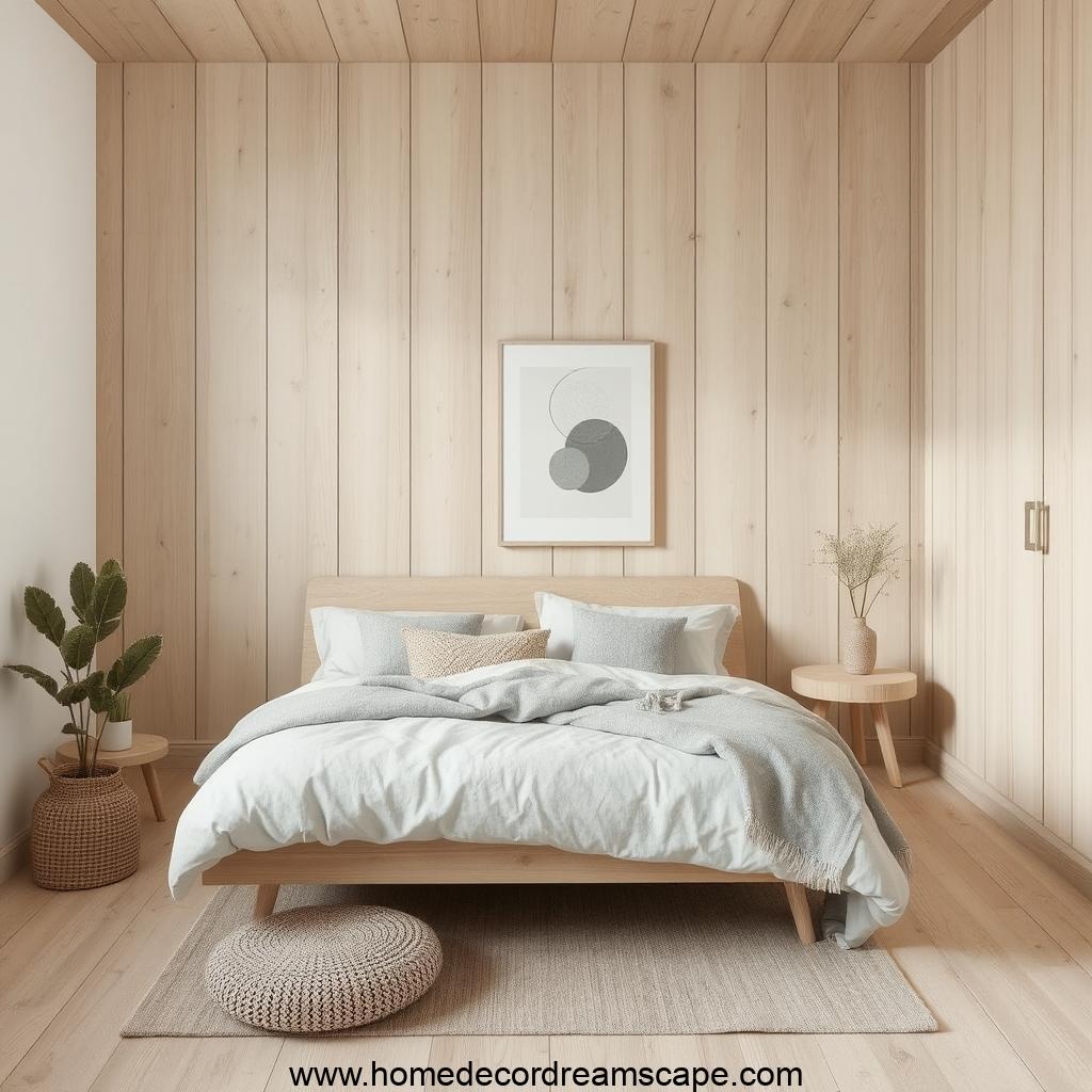 minimal modern bedroom decor ideas for men in light wood and soft gray textile