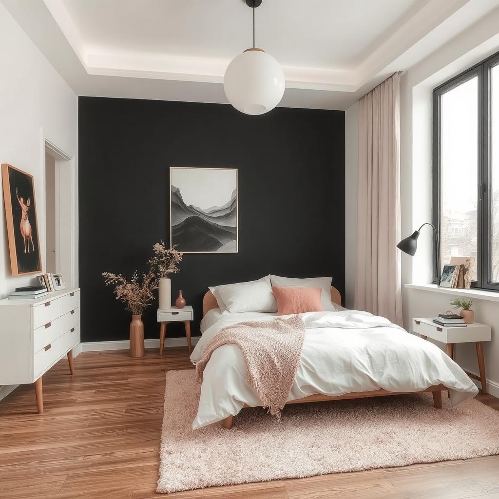 modern bedroom with Off-White, Charcoal Black and Dusty Pink colors