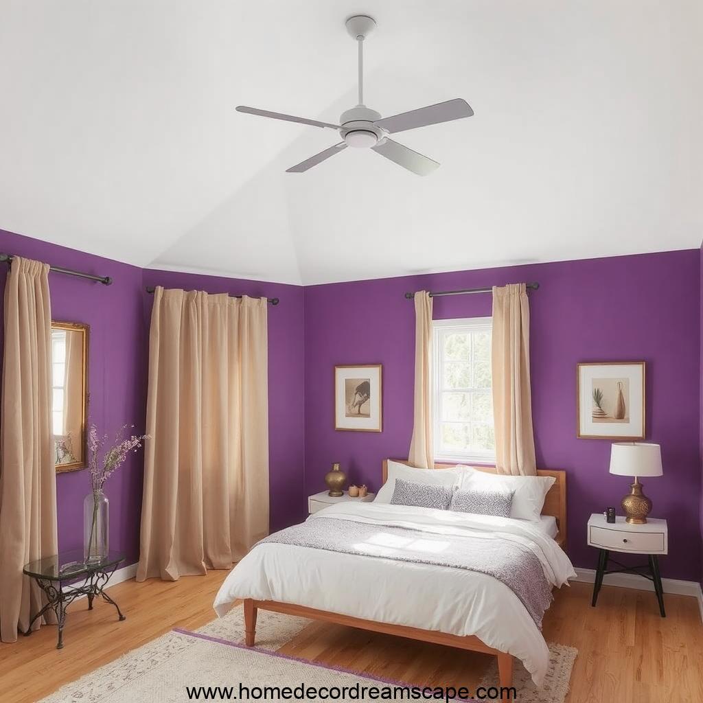 Room with purple walls and beige curtains, adding warmth and balance