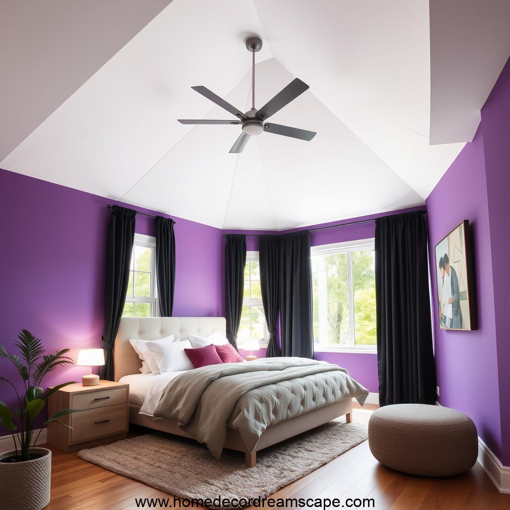 bedroom with purple wall and black curtains