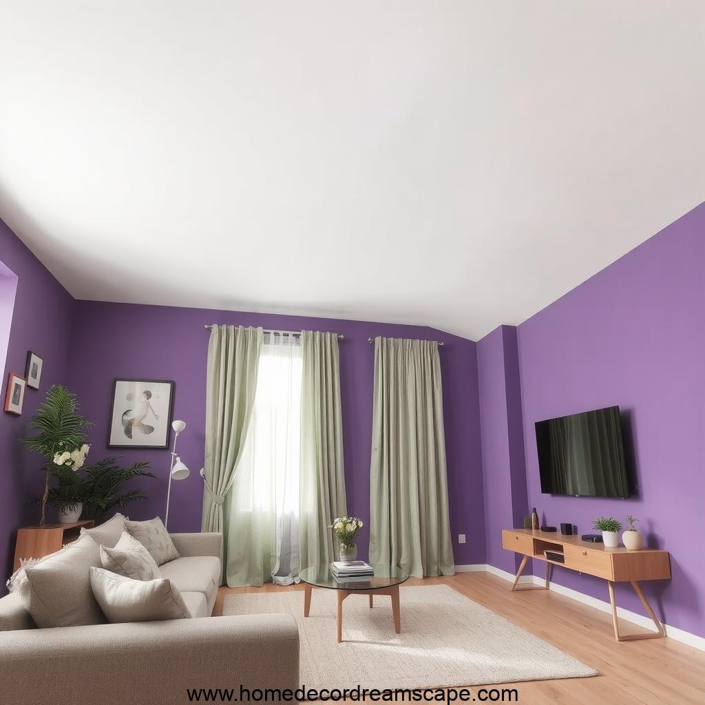 Room with purple walls and green curtains for a refreshing, earthy vibe