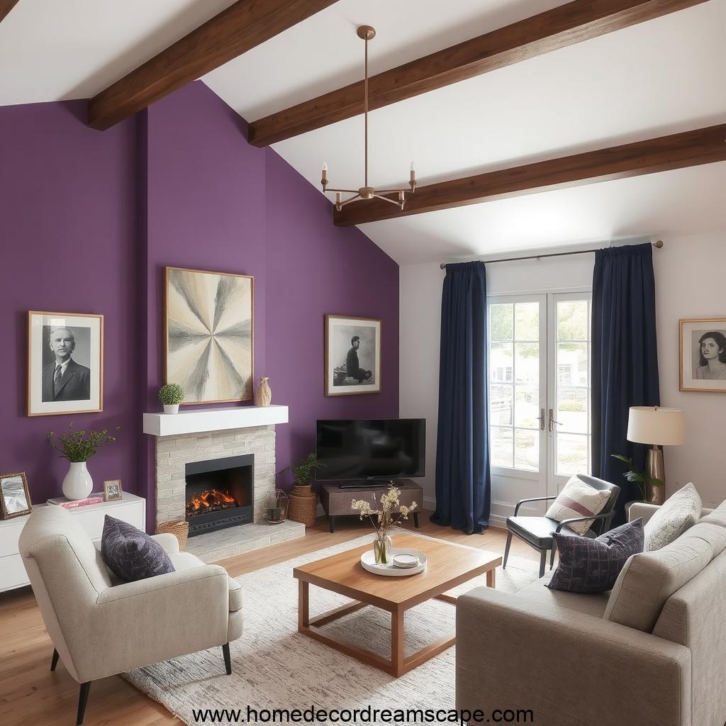 a modern living room with purple wall, white roof and navy blue curtains 